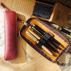 Sacs à crayons faits à la main rétro en cuir véritable stylo sac grande capacité en cuir de vachette fermeture éclair porte-crayon étui à lunettes pur cuir de vache 230327