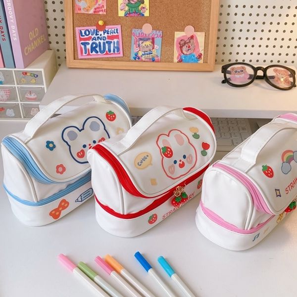 Bolsas de lápices, bolsa Kawaii, estuches para bolígrafos, bolsa de 2 capas de alta capacidad, 1 unidad gratis, pegatina DIY, papelería escolar, regalo para niña 230306