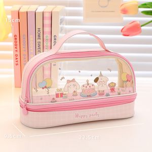 Pencil Bags Kawaii Double Layer Case Large Capacity Pen Bag Cartoon Handle Transparent Box for Girls School Supplie Stationary 230802