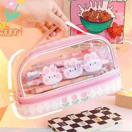 Sacs à crayons Kawaii Transparent Crayon Cas Sac Grande Capacité Organisateur Stylo Boîte Pochette pour Filles Retour Fournitures Scolaires Mignon Coréen Papeterie HKD230902