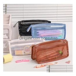 Potloodzakken Mesh Pen Tas Zipper Mtifunctionele Make -up Pouch Turn Travel Accessories Drop Delivery School School Business Industrial DHFCU