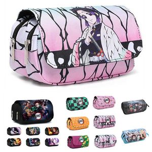 Potloodzakken Nieuwe anime Demon Slayer Kimetsu No Yaiba Pencil Bag Grote capaciteit Dubbele ritssluiting Canvas Penciltas Wortelstas Storingszak Stationaarden J230306