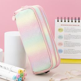 Bolsas de lápices Rainbow Colorful Pencil Bag Gran capacidad PU Leather Pen Pouch Marker Pen Case Travel Stationery Bag School Office Organizer 230417