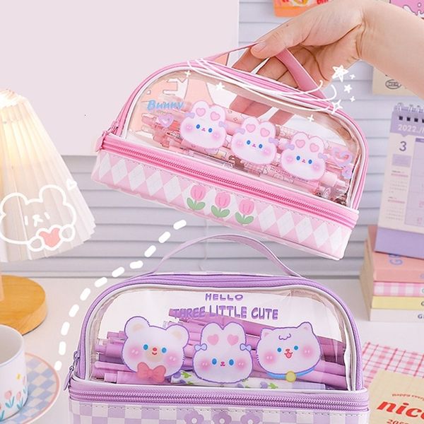 Crayon Sacs Transparent Portable Dessin Animé Lapin Grande Capacité Cas Double Couche Stylo Sac Papeterie Organisateur Maquillage Pochette De Rangement 230802