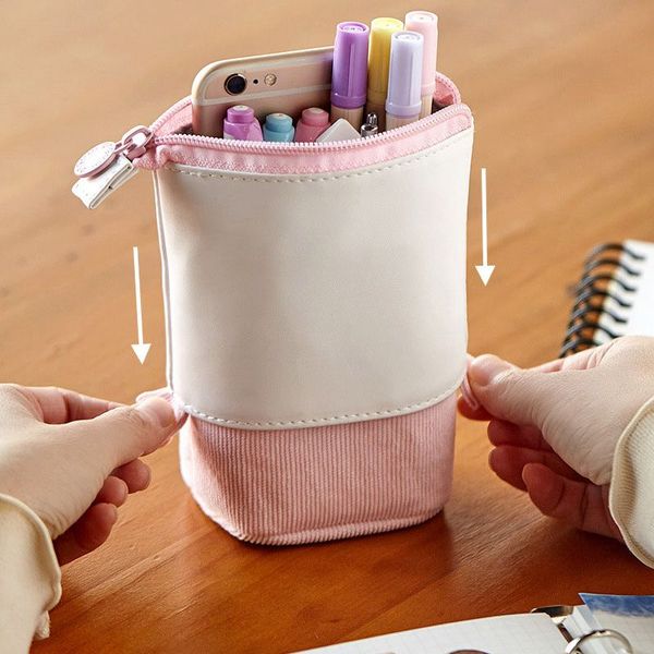 Estuche para lápices, bolsas de papelería, caja para lápices, organizador de estilo Smiple retráctil de pana sólida para niños y niñas LYX53