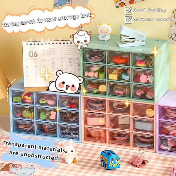 Boîtes à crayons 9 grille tiroir type boîte de rangement petits organisateurs en plastique cosmétique Kawaii étudiant bureau papeterie débris bijoux support 230926