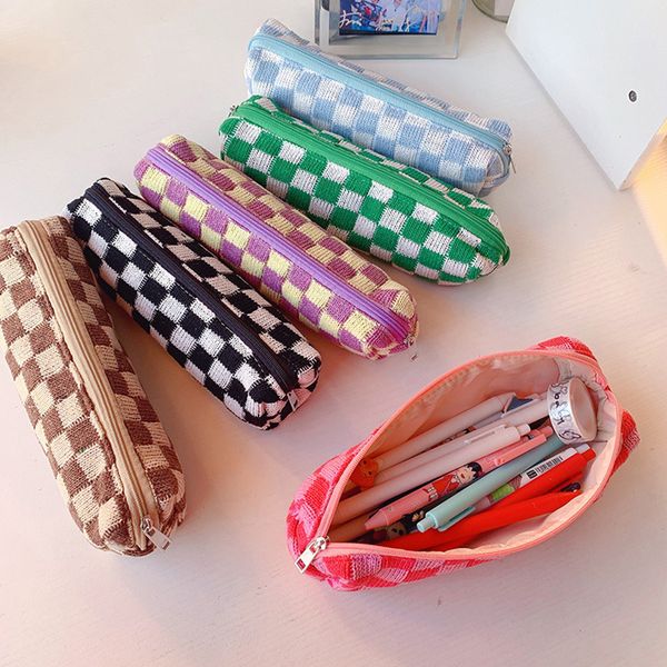 Étuis à crayons pour filles Trousse Scolaire pochette à crayons papeterie coréenne damier stylo sac sac à main tricot Estuche Escolar trousse à crayons