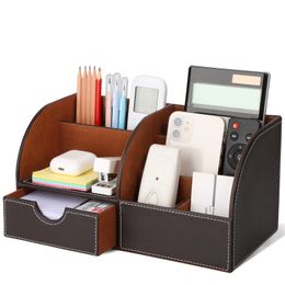 Etuis Half PU Leer Kantoorbenodigdheden Bureau Organizer 6 Compartimenten Grote Opbergdozen Houten Pen Houder Case 230705