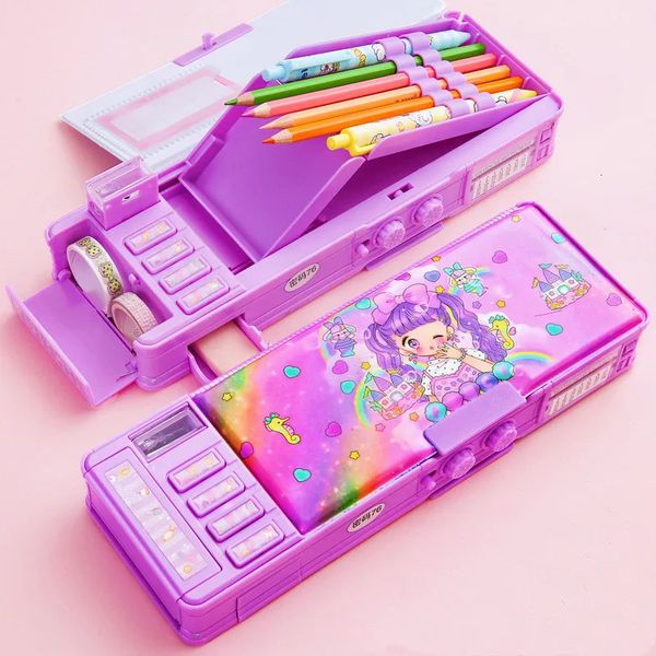 Boîtes à crayons Déformation mécanique serrure à combinaison boîte de papeterie fille trousse mignonne école étudiant boîte à crayons dessin animé étui à stylo en plastique 231115