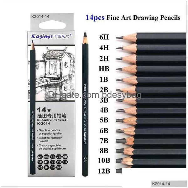 Crayons 14pcs / Set Ding Crayon Set Fournitures d'art professionnel en bois dur / moyen / doux croquis peinture au fusain papeterie livraison directe Dhrhh
