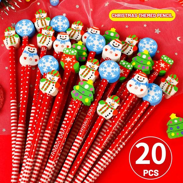 Lápices 20 Unids / lote Kawaii Lápiz de Navidad Lindo Lápiz de Cabeza de Borrador de Dibujos Animados Regalos de Navidad Útiles Escolares Bosquejo Escribir Dibujar Papelería 231212