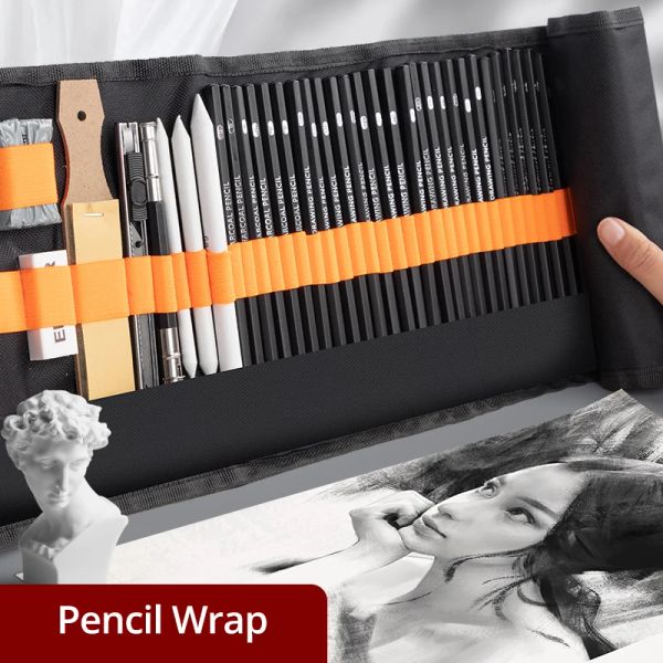 Lápices 27/38/47pcs Sketch Pencils Set Kit de dibujo Kit Roll up Canvas Bag Bag Dibujo de arte Suministros de carbón Kined Eraser Case de lápiz