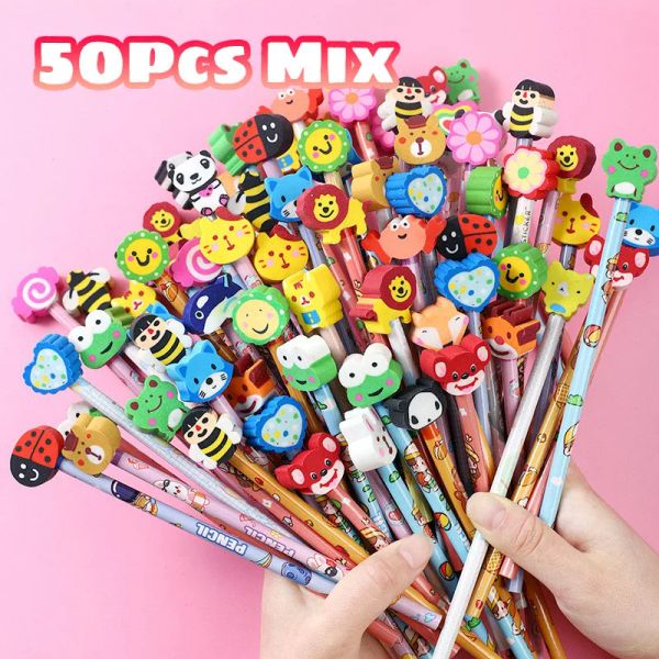 Crayons 50pcs / lot mignon crayon de dessin animé avec effacer kawaii écriture stylo hb dessin crayons en bois étudiant pour enfants papeterie