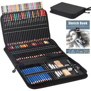 Crayons 96 PCS PRIME DRAWT DRAWing Set, y compris 72 crayons de couleur et 24 kit de croquis, kit de crayon d'art en cadeau de voyage à fermeture éclair