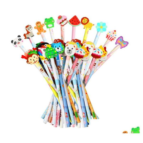 Lápices Animal Cartoon Wooden W / Eraser Toppers - Suministros de escritura divertidos para la oficina escolar o fiestas Drop Delivery Business Industrial Dhzuq