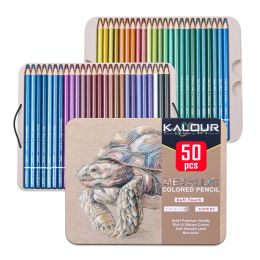 Crayons kalour 50 pièces crayons de couleur métallique, noyau doux de couleur vibrante, idéal pour le dessin, le mélange, l'esquisse, l'ombrage