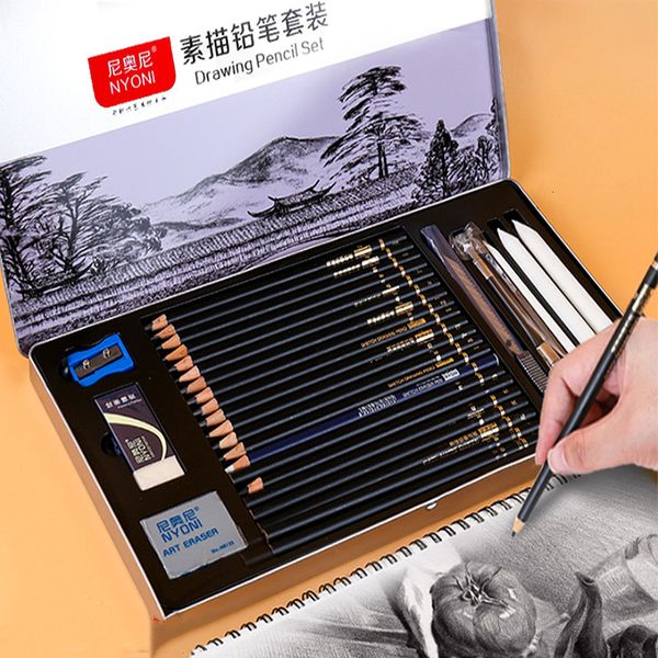 Lápices NYONI Professional 29pcs Juego de lápices de bocetos Kit de carbón de dibujo Estudiantes escolares Suministros de pintura de arte 230317