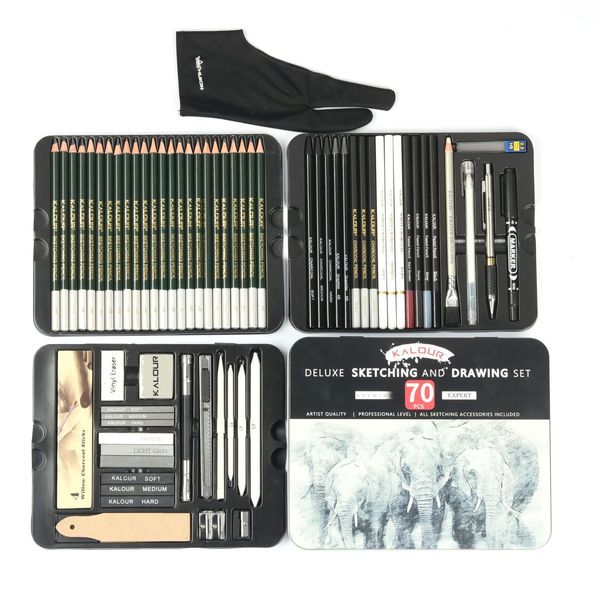 Crayons professionnels 70 pièces dessin croquis ensemble croquis Graphite charbon de bois boîte en bois pour fournitures d'artiste 230317