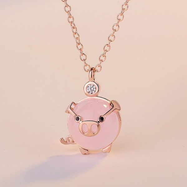 Foydjew Mignon Porcelet Plaqué Or Rose Cristal Rose Quartz Petit Cochon Clavicule Chaîne Collier pour