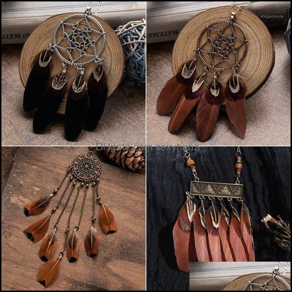 Joyería colgante étnico largo negro marrón pluma collares de cadena de cuero para mujeres niñas Vintage Dream Catcher colgantes suéter collar Je