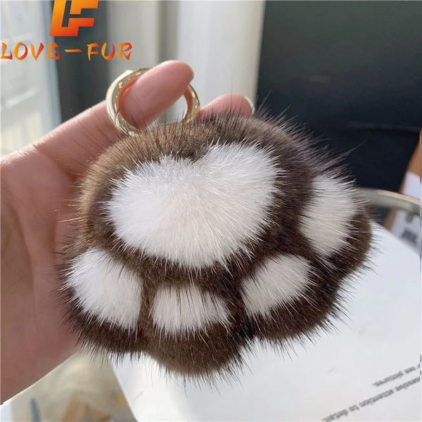 Pendants Keyrings Gift Plux Cat mignon Claw Real Mink Fur Keychain Femmes Sac Ornements Small Paw Toy Pom Pom Ball Car Key 240522