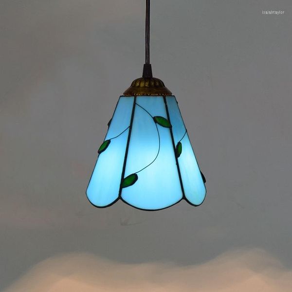 Lámparas colgantes 15 cm Hojas azules Mediterráneo Creativo Vintage Tiffany Vidrio coloreado Sala de estar Restaurante Bar Mostrador Pequeño Droplight