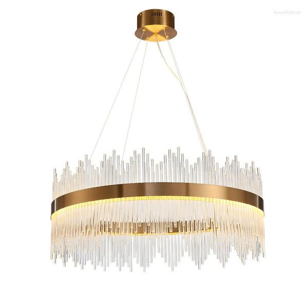 Lampes suspendues 2022 Design moderne cristal rond LED lumières industrielle barre d'or escalier salle à manger luminaires monocouche double