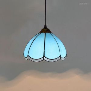 Lampes suspendues 20 cm bleu moderne méditerranéen créatif Tiffany verre coloré Restaurant Bar petit droplight 8 pouces