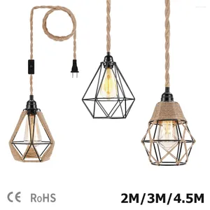 Lampes suspendues 2M 3M 4.5M Cordon d'alimentation Lumière Twisted Chanvre Corde Câble Cages E26 E27 Support de lampe Prise UE avec interrupteur Edison Ampoule Socket