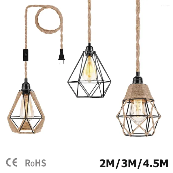 Lámparas colgantes 2M 3M 4.5M Cable de alimentación Luz Cable de cuerda de cáñamo trenzado Jaulas E26 E27 Soporte de lámpara Enchufe de la UE con interruptor Edison Bombilla Socket