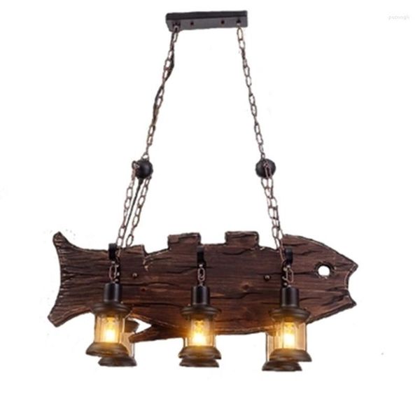 Lampes Suspendues 6 Lustre LOFT Vintage Bois Forme De Poisson Décoratif Industriel Suspension Lumière Intérieur Lumières