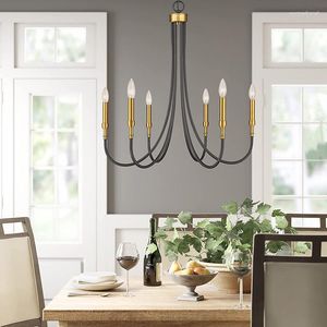 Lampes suspendues Lustre de ferme à 6 lumières en laiton noir et doré grand luminaire en métal pour salle à manger chambre à coucher salon