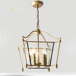 Hanger lampen Amerikaans creatief restaurant smeedijzeren retro gouden vierkante lamp eenvoudige glazen kinderkamer slaapkamer kroonluchter veranda