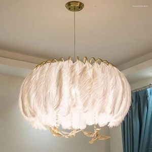 Lampes suspendues American Pastoral Blanc Plume Lustre Salon Princesse Chambre Nordique Moderne Cristal Oiseau