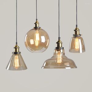 Lampes suspendues américain rétro Led Suspension lumière créative chambre décors pour la maison accessoires couleur ambre verre suspension lampe