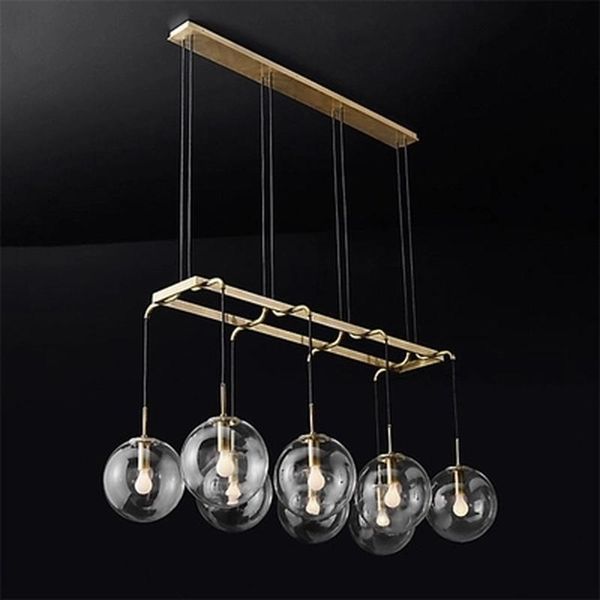 Lámparas colgantes American Retro RH Loft Lámpara LED recta Oro / Negro Metal Globos de vidrio Sombras Accesorios de iluminación Colgante