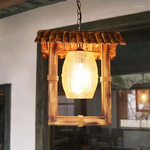 Lampes suspendues Lustre en bambou à la main rurale américaine Style d'Asie du Sud-Est Style archaïque en verre craquelé E27 Lampe LED pour Studiopavilion