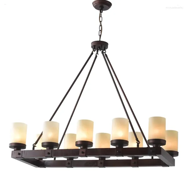 Lampes suspendues Lampe de salle à manger simple américaine Lampe de salle à manger créative méditerranéenne Table d'art en bois Salon Lustre rectangulaire en verre