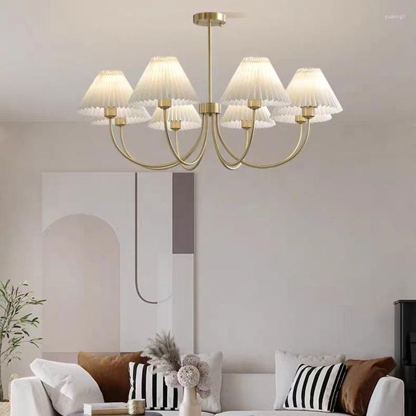 Lámparas colgantes Candelabros de estilo americano Lámpara colgante de cobre de tela blanca 6/8 luces para salón Dormitorio Comedor Bombilla E27