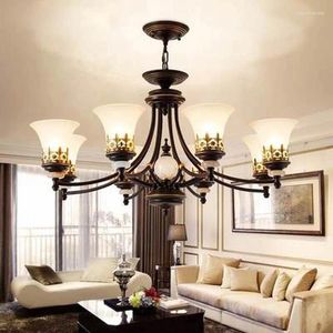 Lámparas colgantes Lámparas vintage americanas para la decoración de la sala de estar Iluminación del hogar E27 Lámpara LED Negro Hierro forjado Pantalla de vidrio blanco