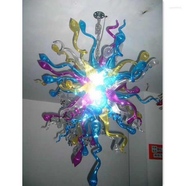 Lámparas colgantes Candelabros de vidrio soplado artístico Iluminación de flores LED azul turquesa para la venta