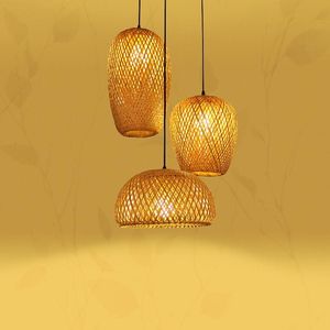 Lampes suspendues Bambou Lanterne Lampe Rétro Restaurant Suspension Lumière Abat-jour Tissés À La Main E27 Luminaires Lustres En Bois RoomPendant