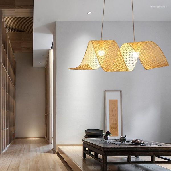 Lampes suspendues en osier de bambou tressé ondulation lumière à la main style pastoral lampe suspendue salon restaurant décoration éclairage
