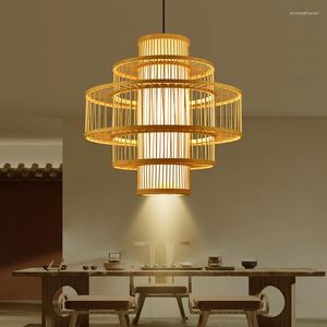 Lampes suspendues Bambou Tissé Lustre Lumière Chinois Rétro Grenier Restaurant Plafond Décoration Japonaise Thé Maison E27 Cuisine Accessoires
