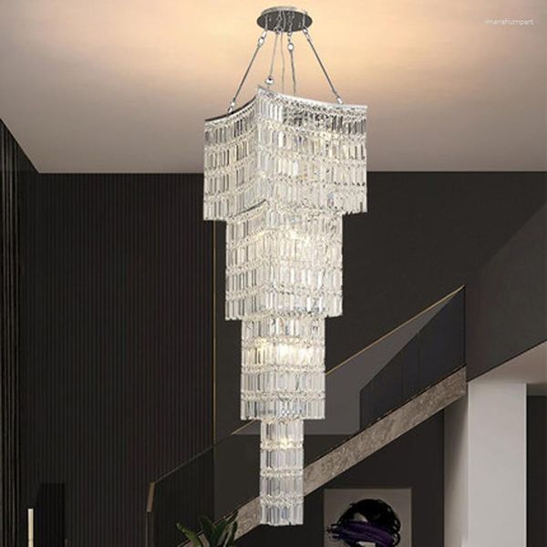 Lampes suspendues Grands lustres en cristal luxueux long escalier en colimaçon lustre lumières luminaire LED moderne droplight européen suspendu
