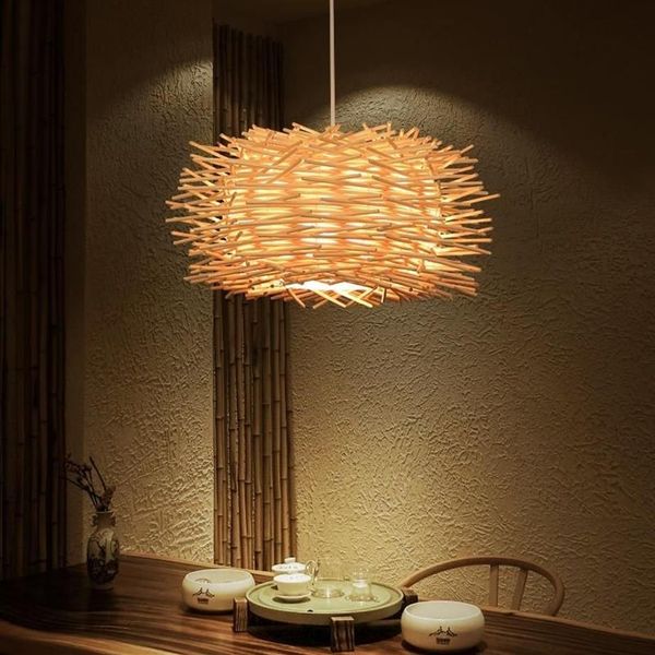 Lámparas colgantes Lámpara de nido de pájaro Luz Nordic Rattan Wicker Wood Hecho a mano El Restaurante Cafe Living Comedor Suspensión Iluminación W2687