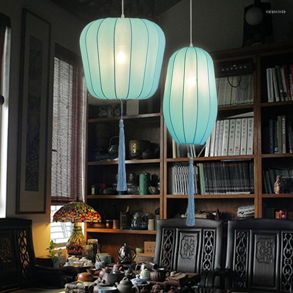 Lampes suspendues Tissu bleu Lanterne Lustre Style chinois Restaurant El Teahouse Allée Éclairage Petite lampe décorative simple