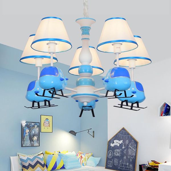 Pendante lampes Création de dessin animé Blue Helicopter Chandelier Boy Bedroom Children's Children's Light American Modern Simple LED Résine Chandelierp