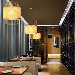 Lampes suspendues Lustre Chinois Zen Salon de Thé Lampe Restaurant Japonais Bambou Artwork Pot Rotin Plafond