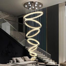 Lampes suspendues Lustre Éclairage Cristal Villa Bâtiment Escalier Long Pour El Lobby Moderne LED Anneau Lustres Pendentif Lumières